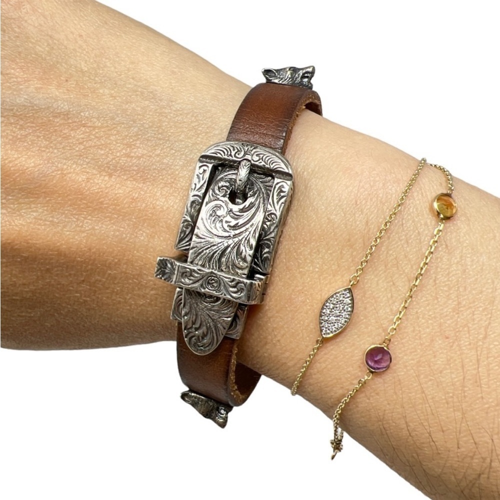 Gucci Forest Collection Leather Bracelet 925 Sterling Silver Size 17 Full Set